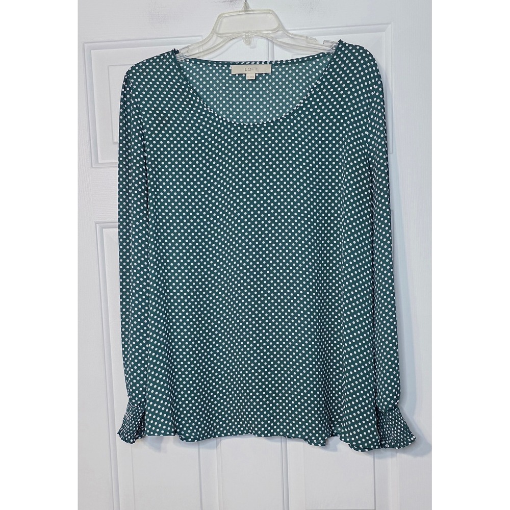 Loft Green Polka Dot Long Sleeve Blouse Smocked Cuffs XL